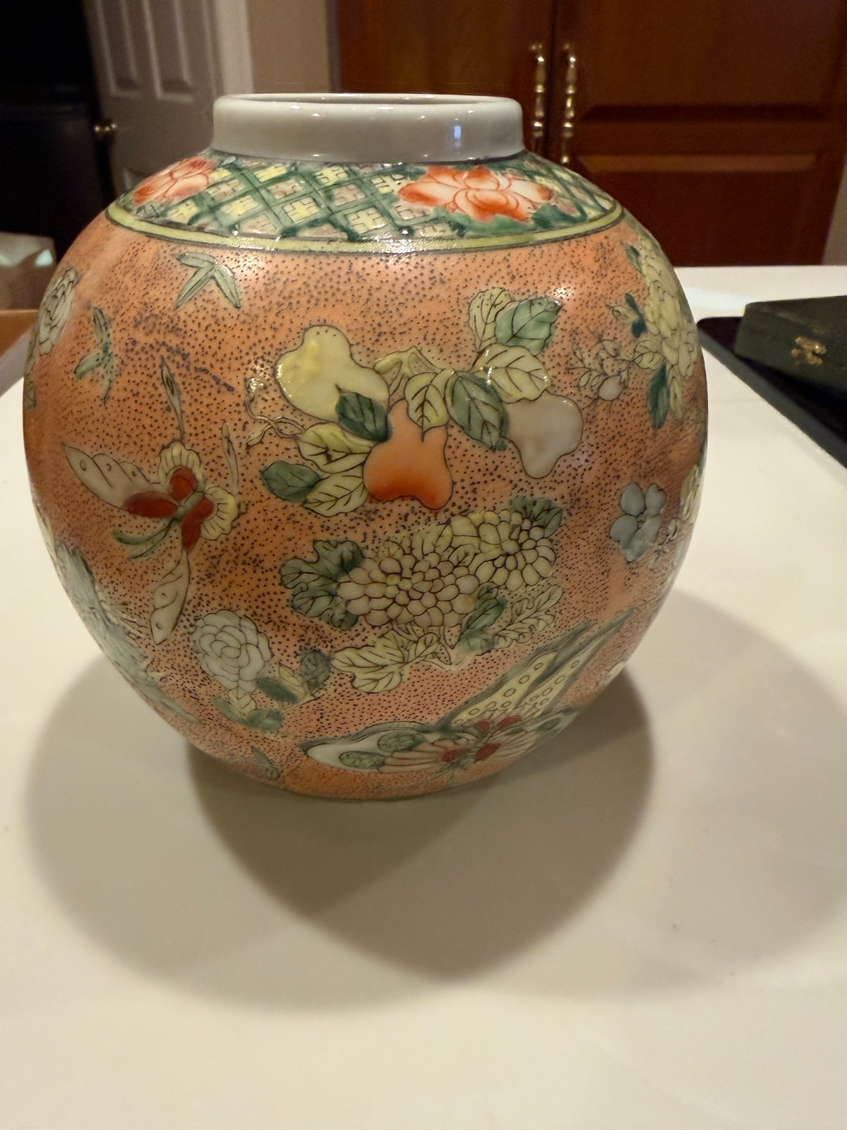Chinese Famille Rose And Butterflies Pinks Vase Stamped MACAU 8″H X 2.5″D TOP