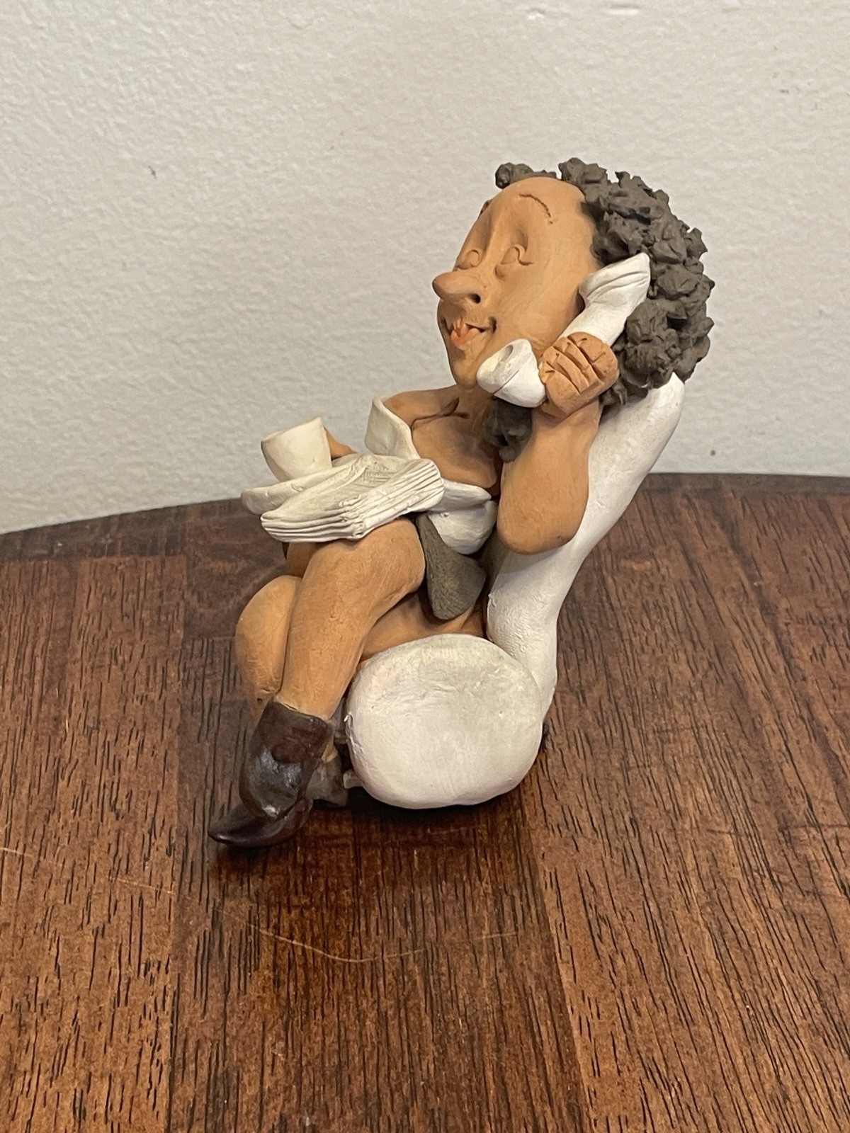 Denis Filtser Clay Figurine Woman Gossip Bench Phone Coffee Signed Pottery Art
