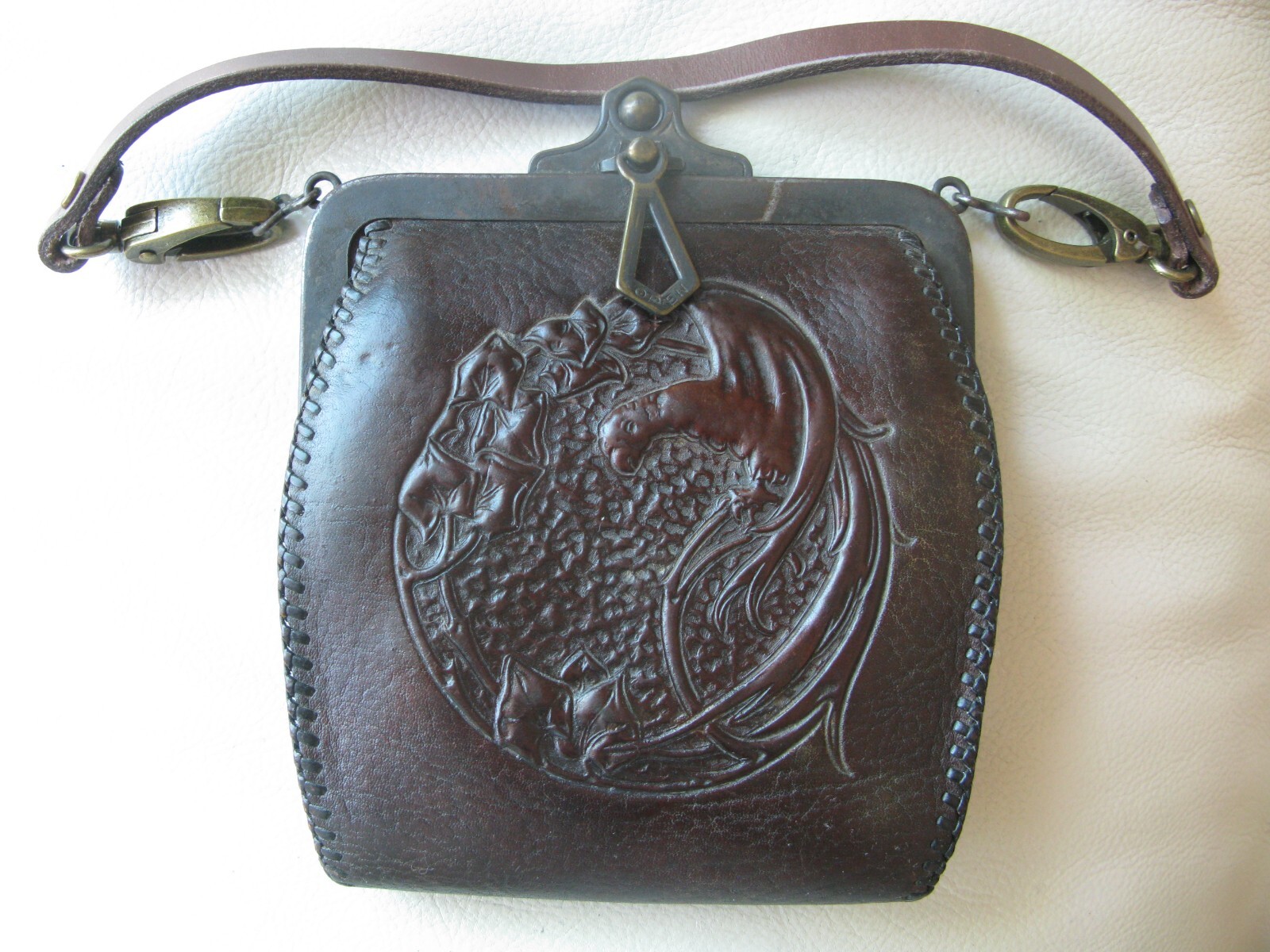Antique Art Nouveau Deco Bird Of Paradise Tooled Brown Leather Purse JEMCO