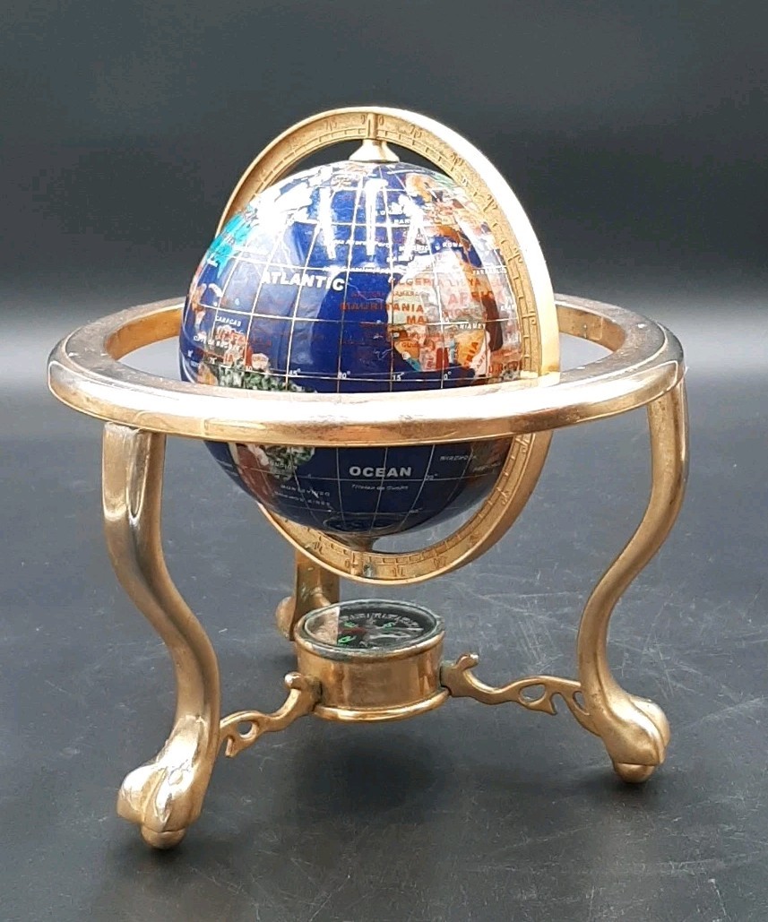 Vintage Gemstone Inlay Globe On Brass Base with Compass Art Deco 8in Tall