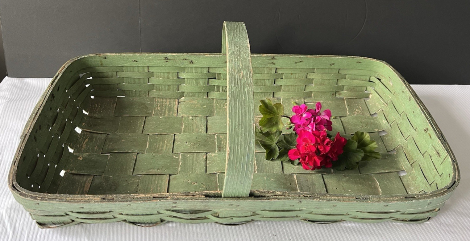 Antique Woven Wood Splint Gathering Basket Trug 25×13” Chippy Green Paint
