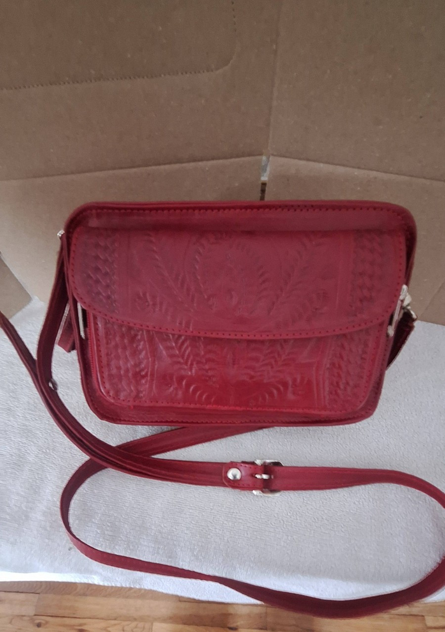 Vintage Red Hand-Tooled Leather Purse- Hand-Stitched- Made in Paraguay- Artisan