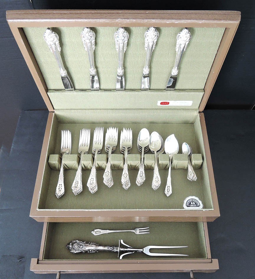 STERLING SILVER WALLACE GRANDE BAROQUE ROSE POINT FLATWARE 53 PC SET 2170g