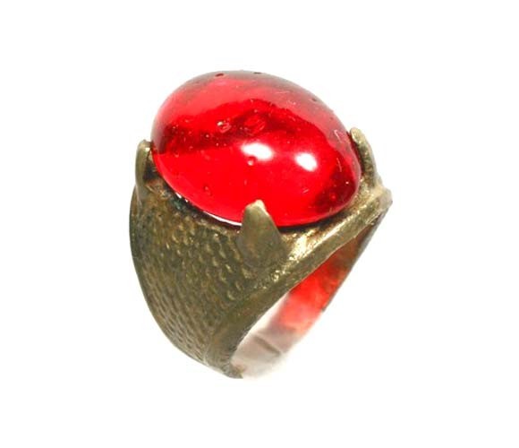 Antique 19thC Russian Tatar Silver Bronze Alloy Ring Ruby Red Glass Gem Size 6¼