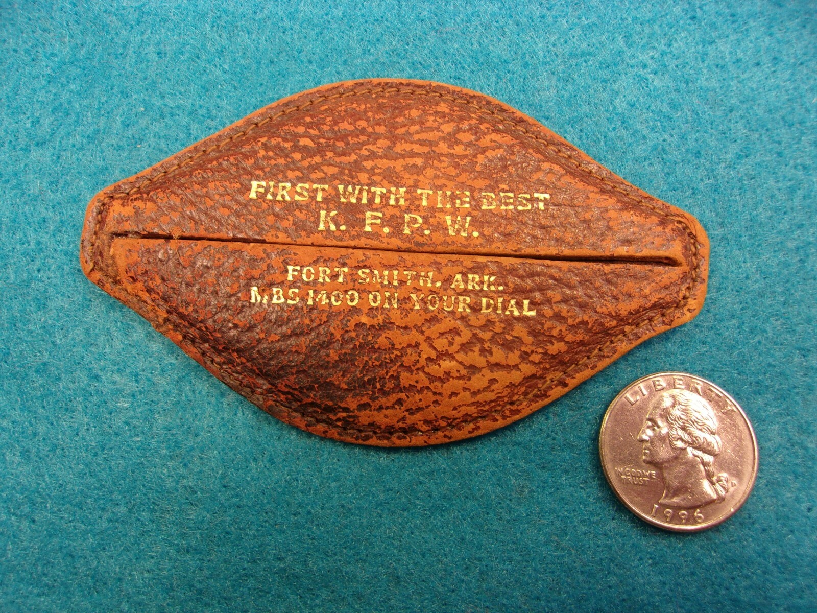VERY OLD VTG ANTIQUE VICTORIAN ERA? LEATHER COIN PURSE, Ft. SMITH, ARK. K.F.P.W.