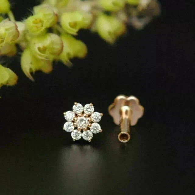 0.25Ct Lab Created Diamond Nose Piercing Ring Pin Stud 925 Silver Gold Plated