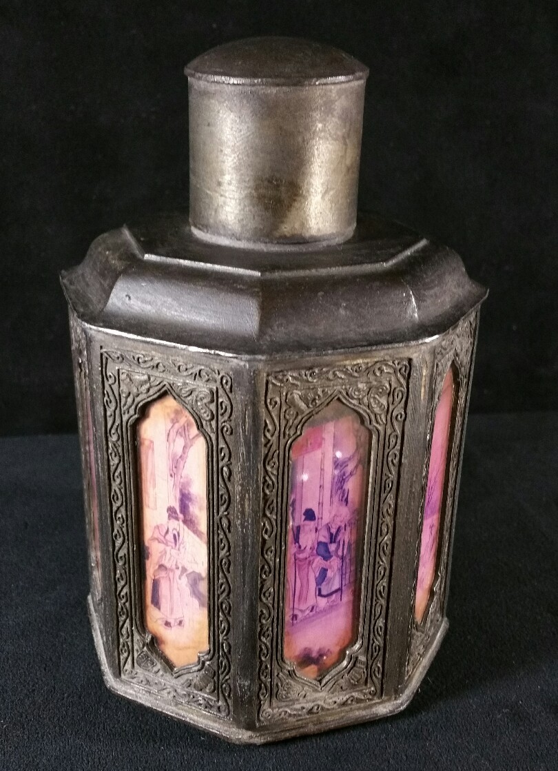 Antique Octagonal Glass & Metal Chinese Tea Caddy w Cap 7″x4.75″ VFINE