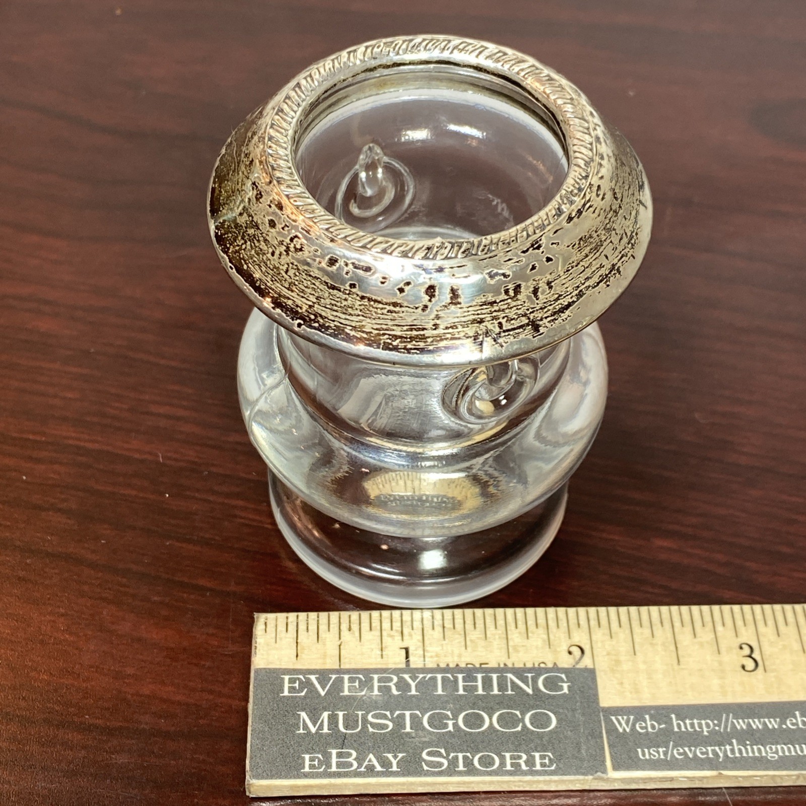Antique SABEN Signed Sterling Silver Rim Glass Toothpick Or Match Holder 3” Tall