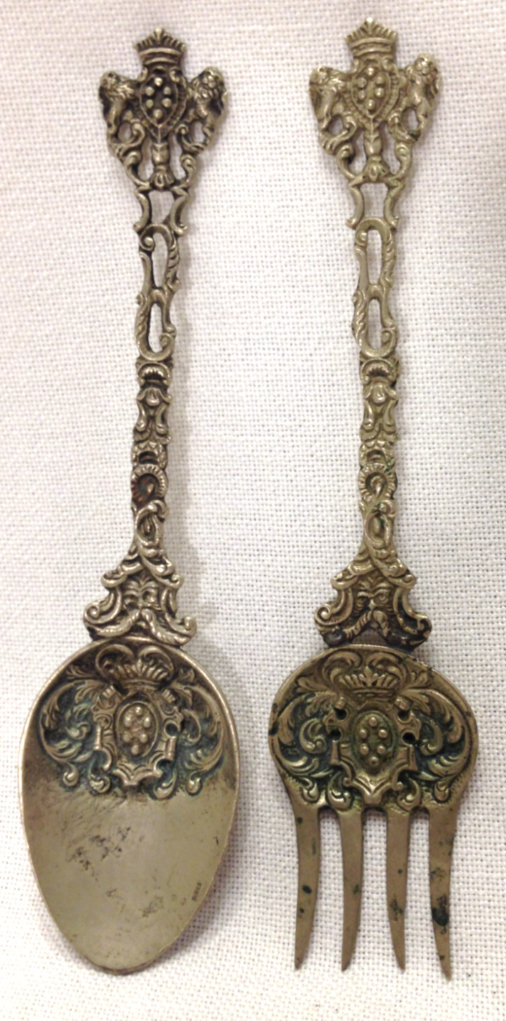 Antique Italian Bordini Montagnani Birks Marked Serving Fork & Spoon Lions & Cro