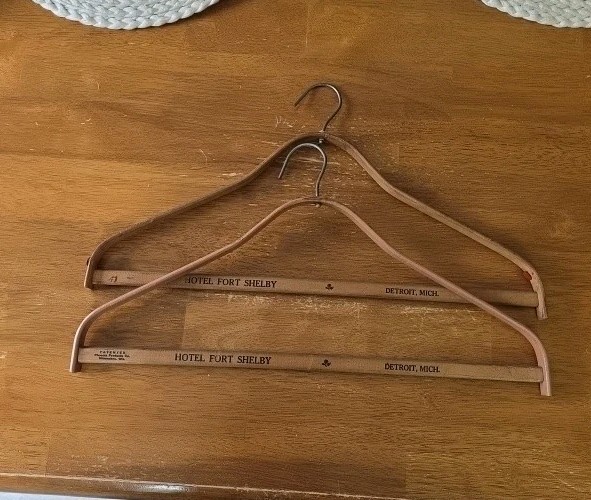 (2) Vintage Wooden Clothes Hanger Hotel Fort Shelby Detroit Michigan