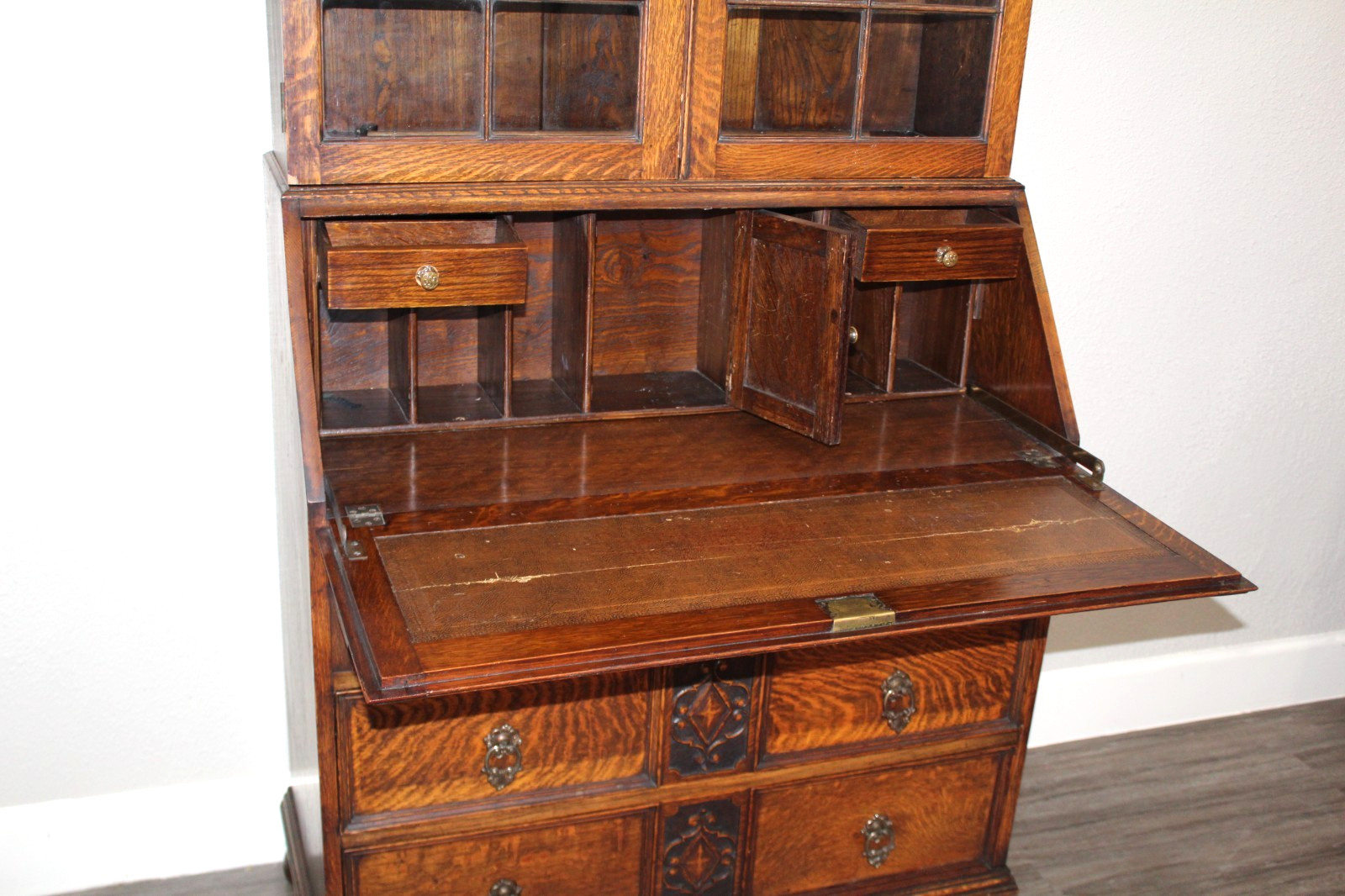 English Antique Jacobean Oak Lidded Glass Secretary Desk / Bookcase.