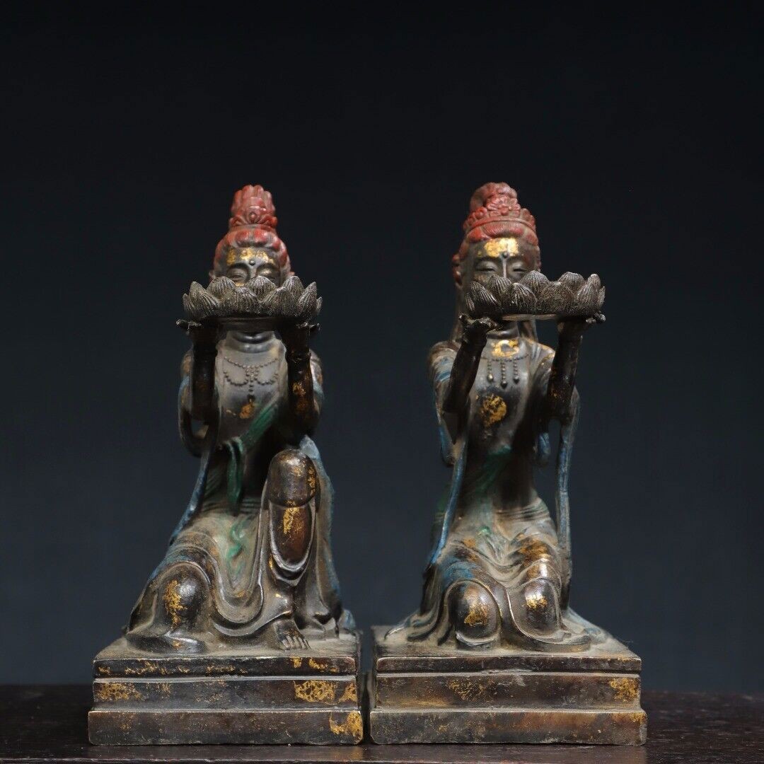 8.3″Antique ming dynasty Bronze gilt xuande mark pair maid character Candlestick