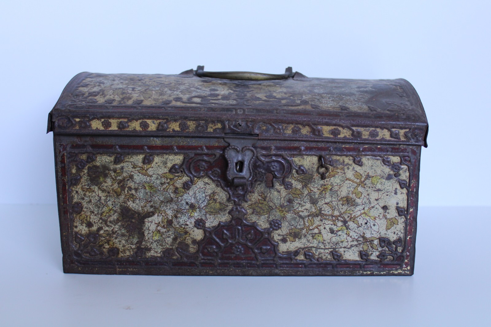 Antique 19th Century Embossed Tin & Wood Floral Dome Latch Box
