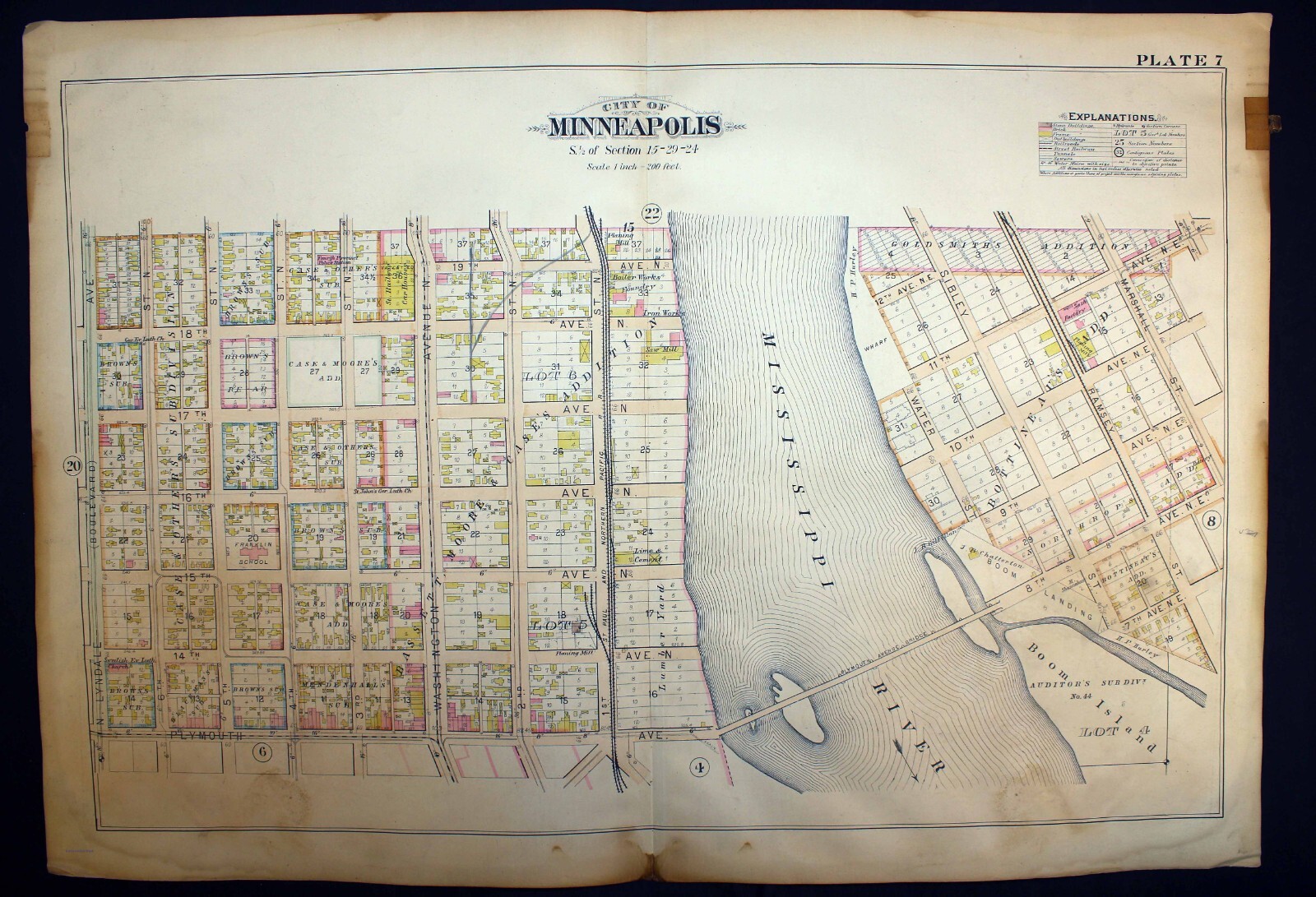 1898 Plat Map City of Minneapolis Sectional Plymouth Ave Bridge Boom Landing