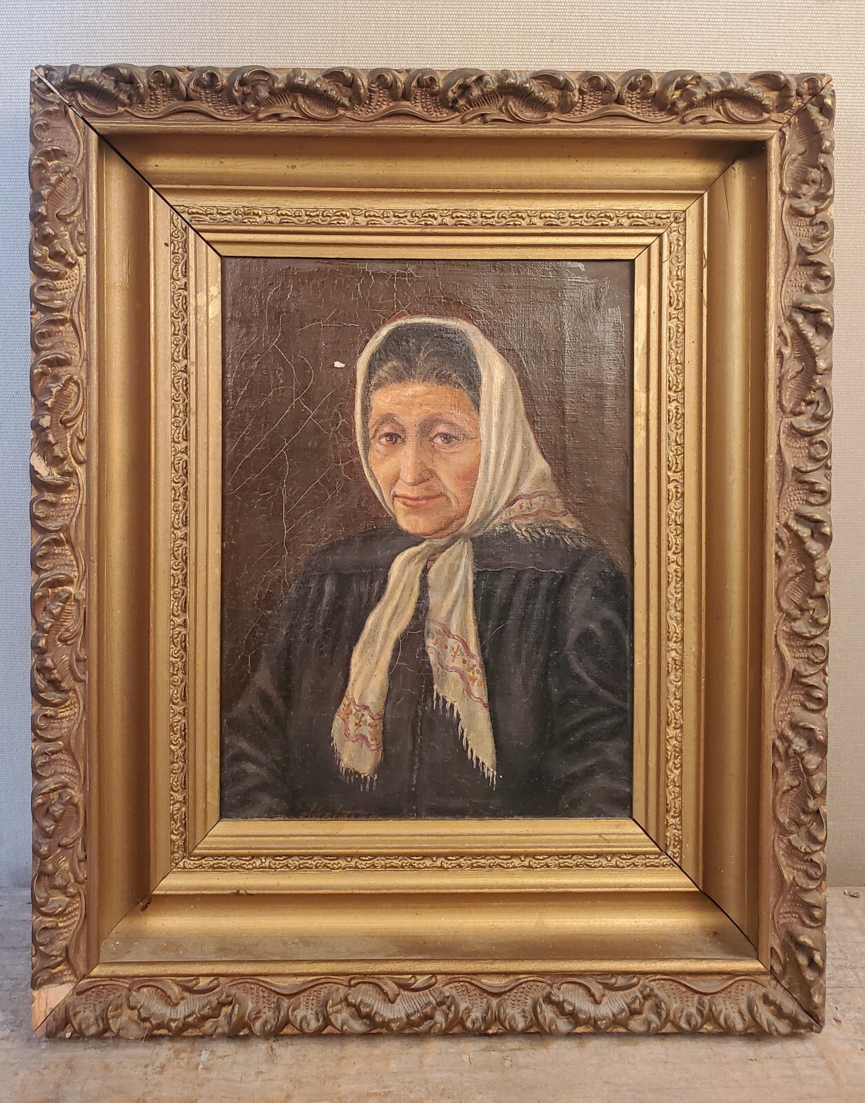oil painting o/c lady original fancy antique frame Carrso Art Gallery Label N.Y.