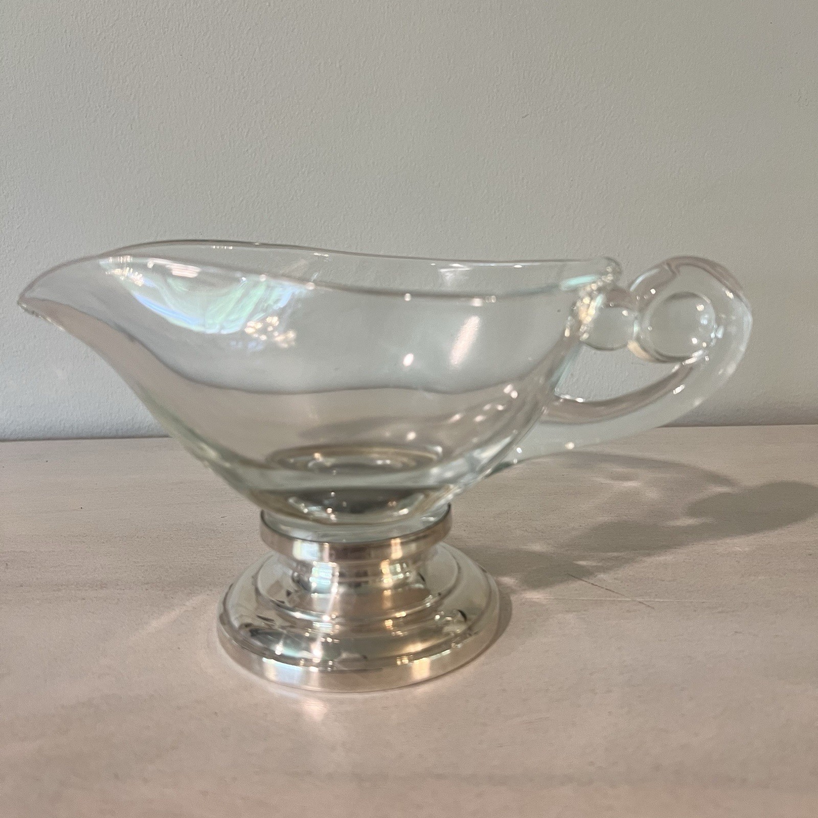 Vintage Frank M Whiting Silver Plate Glass Gravy Boat Creamer Heavy