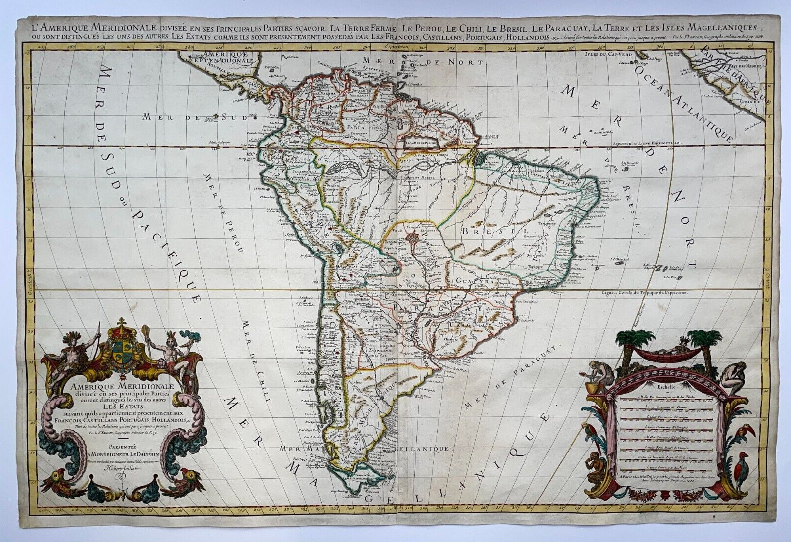 SOUTH AMERICA 1674 NICOLAS SANSON / HUBERT JAILLOT ANTIQUE WALL MAP 1ST EDITION