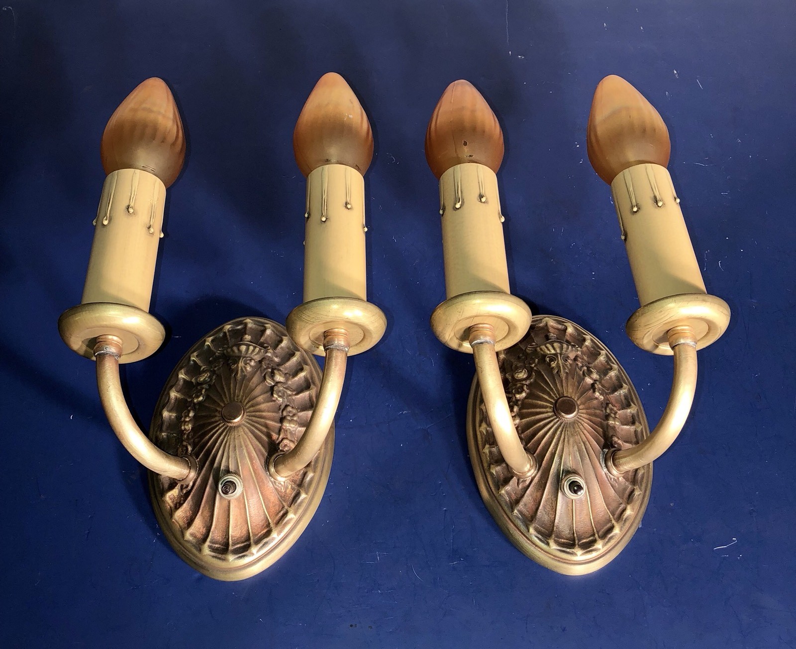 Wired Pair Antique Scalloped Two Arm Sconces Nice Brass Patina 62F