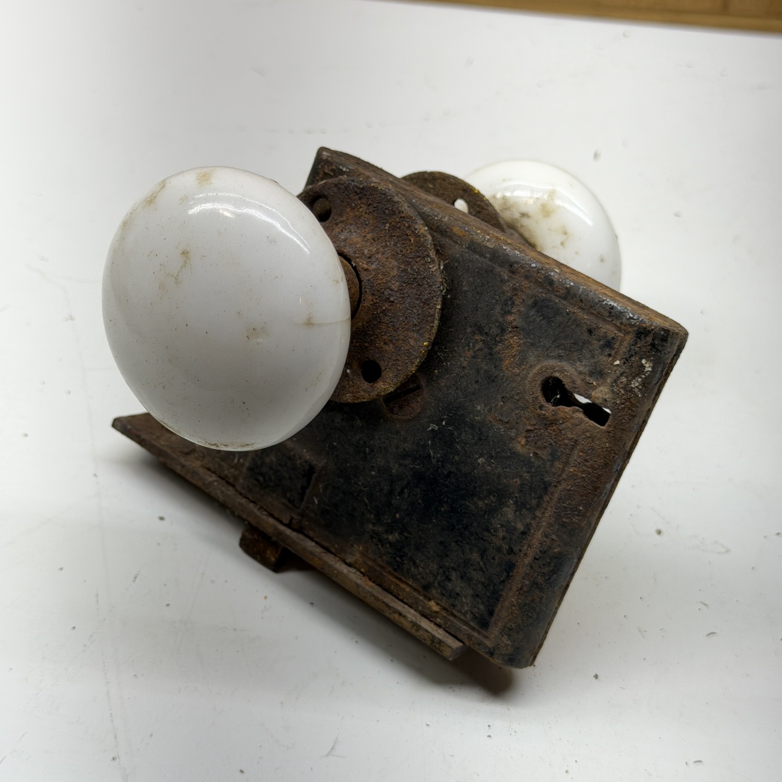 Antique White Porcelain Door Knobs & Rusty Cast Iron Surface Mount Rim Lock Set