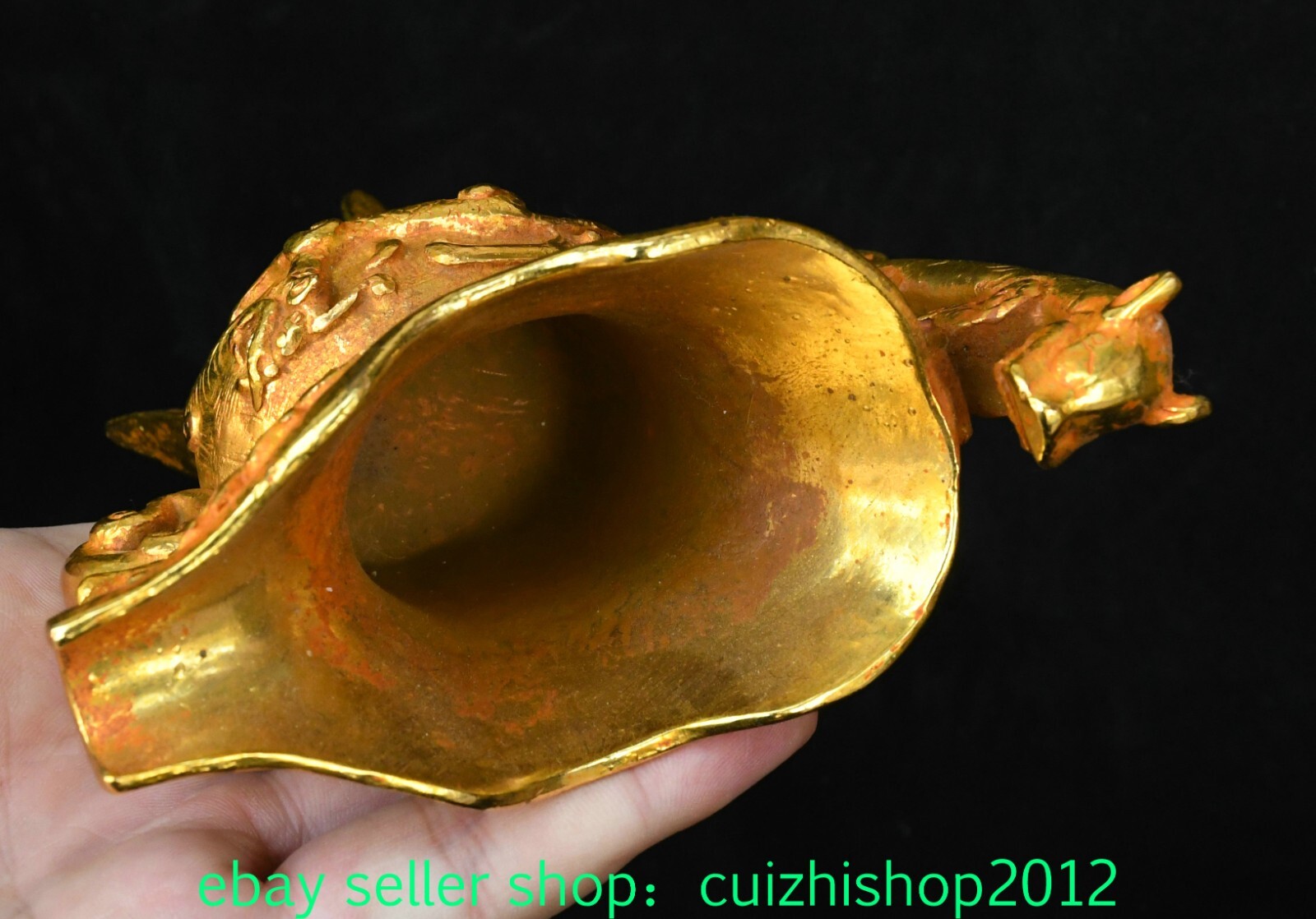 5.5” Old Dynasty Pure Bronze Gilt Dragon Loong Ear Beast Animal Zun Wine Cup
