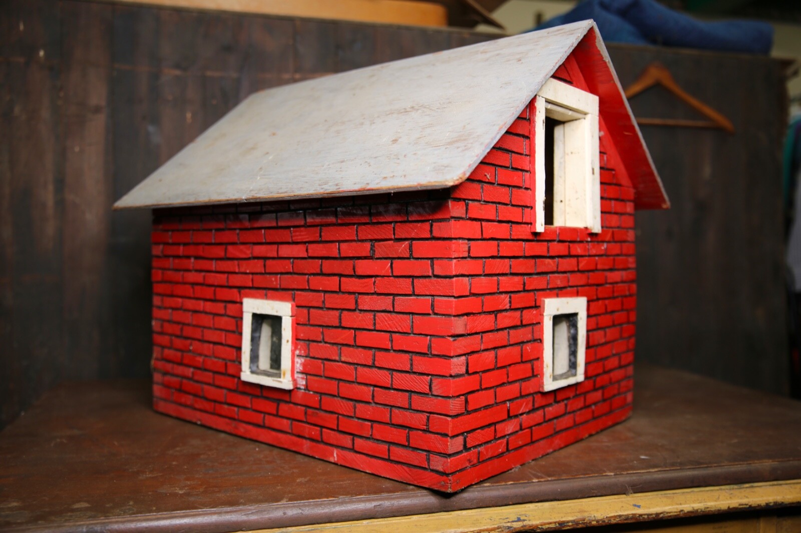 Antique Toy Barn Wood farm Tractor folk art American Country doll house vintage