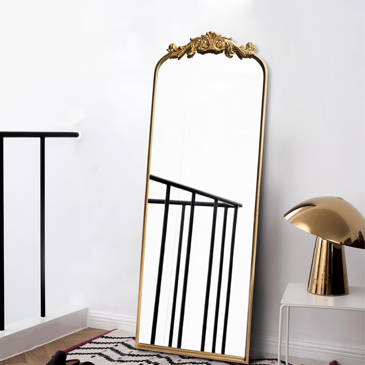 Large Gold Antique Mirror, Tall Arched Floor Mirror,Ornate Design Vintage Wall M