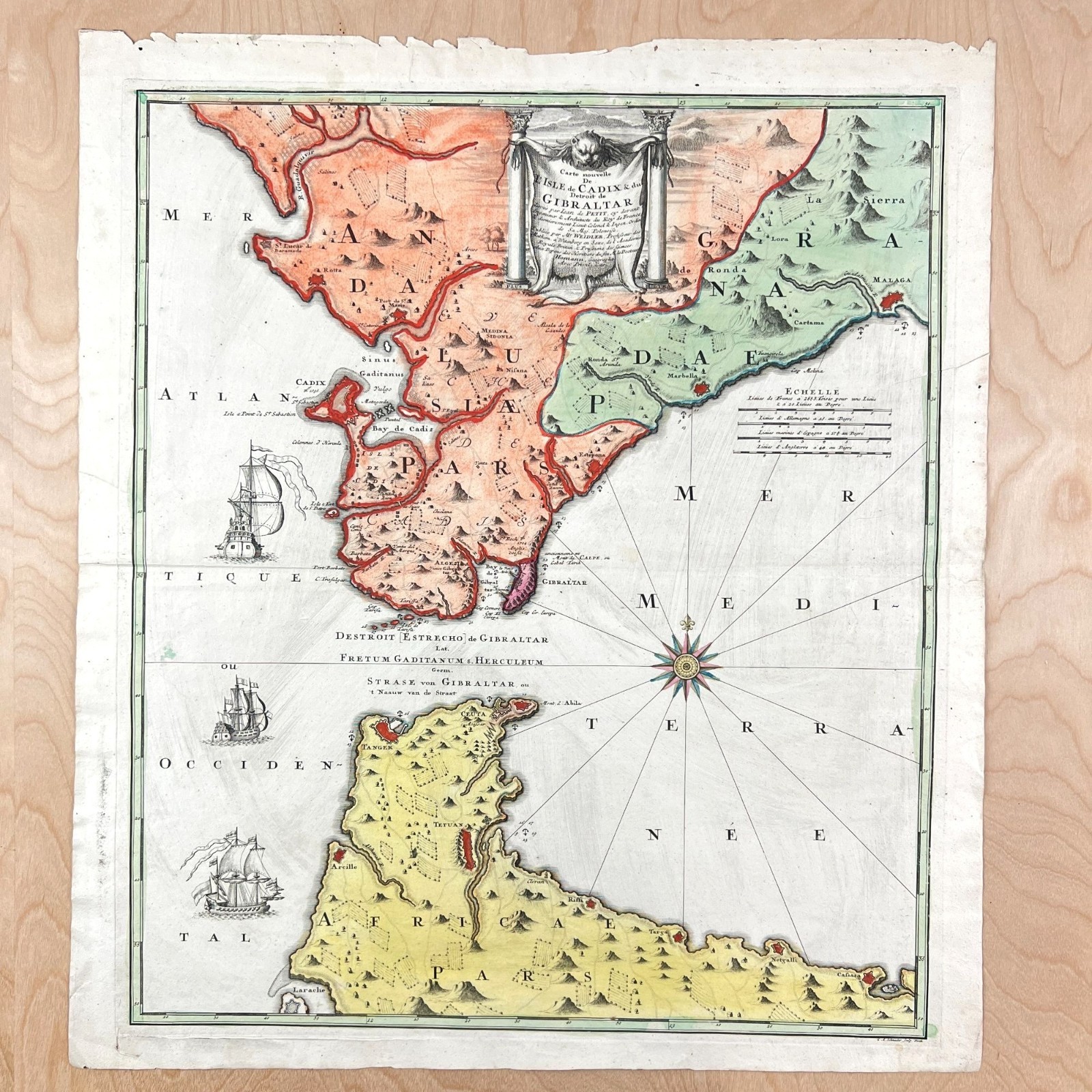 1730 HOMANN HEIRS Strait of Gibraltar Cadiz Spain Large Antique Map Folio Color