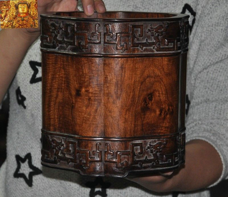 8″Old Chinese dynasty Huanghuali Wood carved Dragon Brush pot pencil vase statue