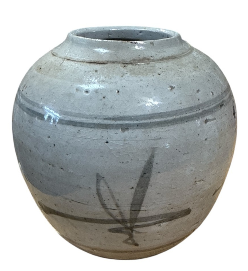 Antique Pottery Ginger Jar Gray & Blue (No Top) 5″