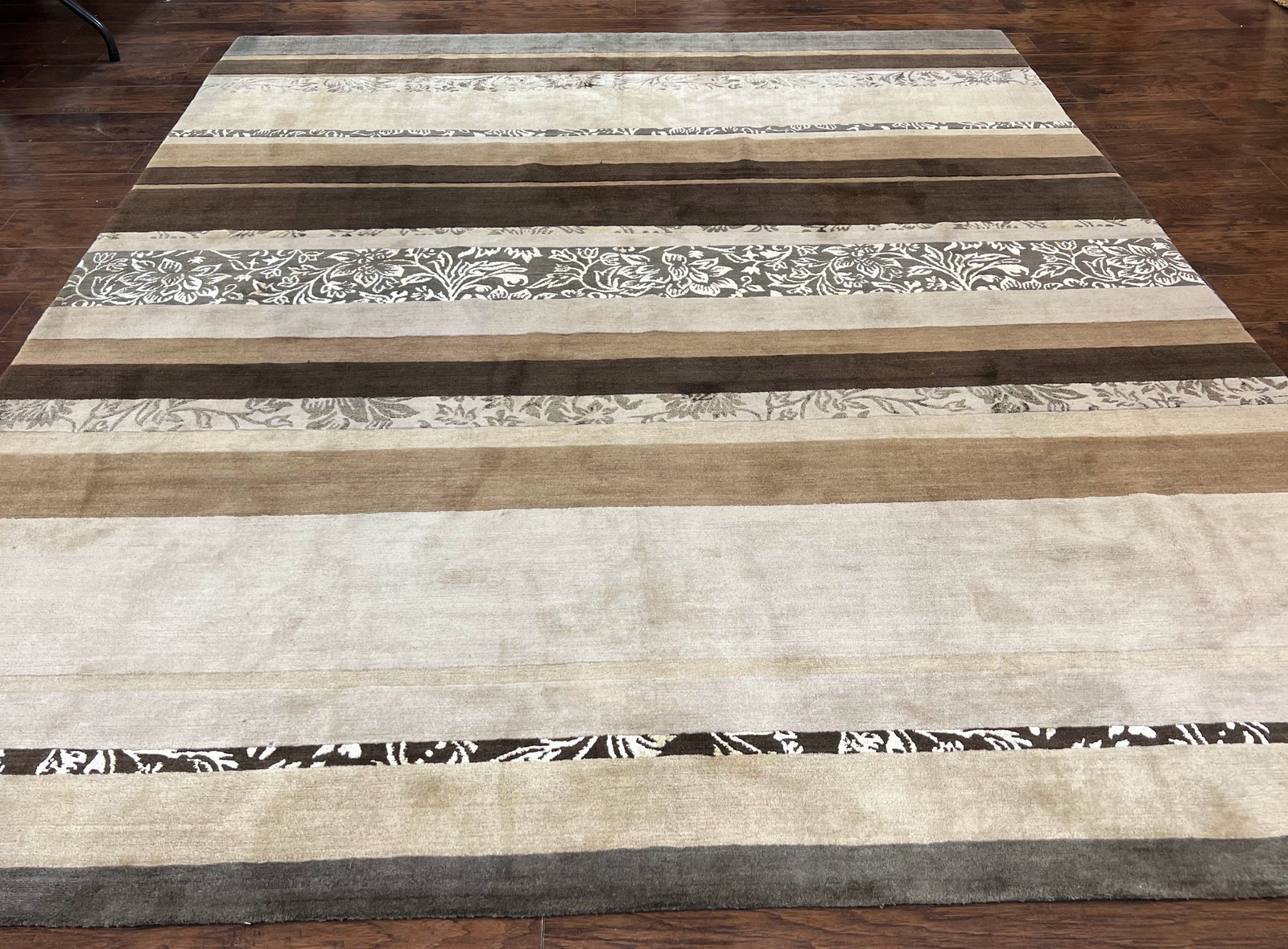 Modern Tibetan Nepali Rug 8×12 Stripe Pattern Wool & Silk Handmade Beige Tan