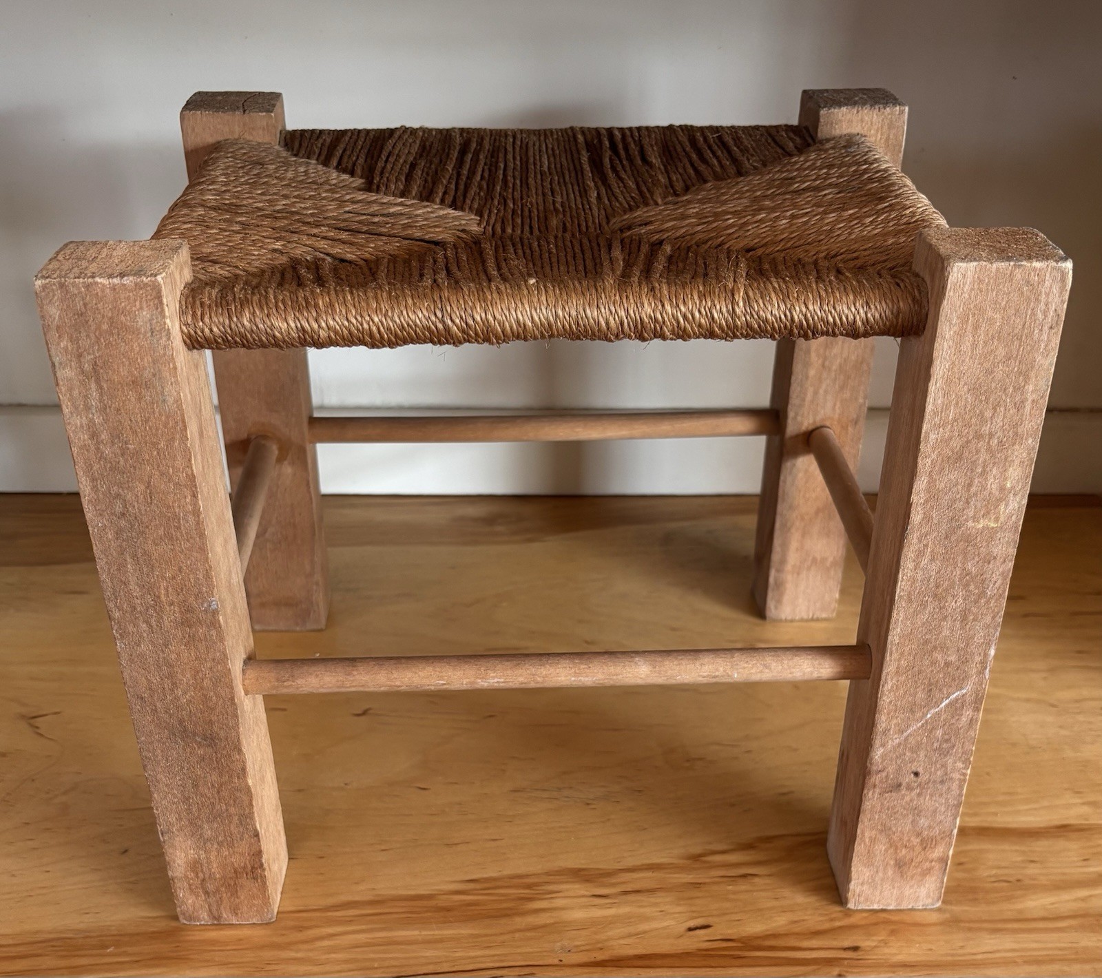 Vintage Stool Wood And Rush Woven Cottagecore Farmhouse Decor