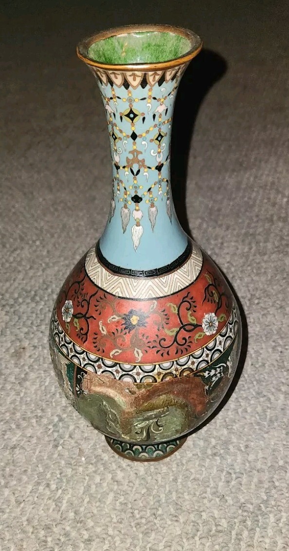 Vintage Old Cloisonne Enamel Flower Vase Bottle Has Damage As Is 13 Inch