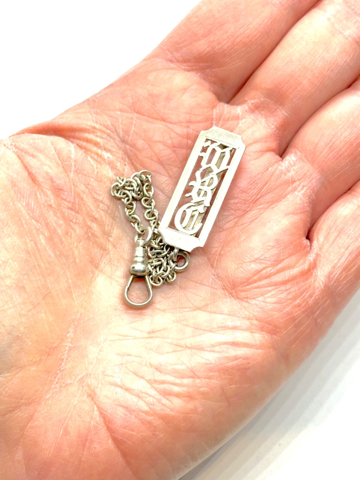 Antique PEERLESS Sterling Silver Monogram Belt Buckle Chain & Dog Clip 5.2 grams
