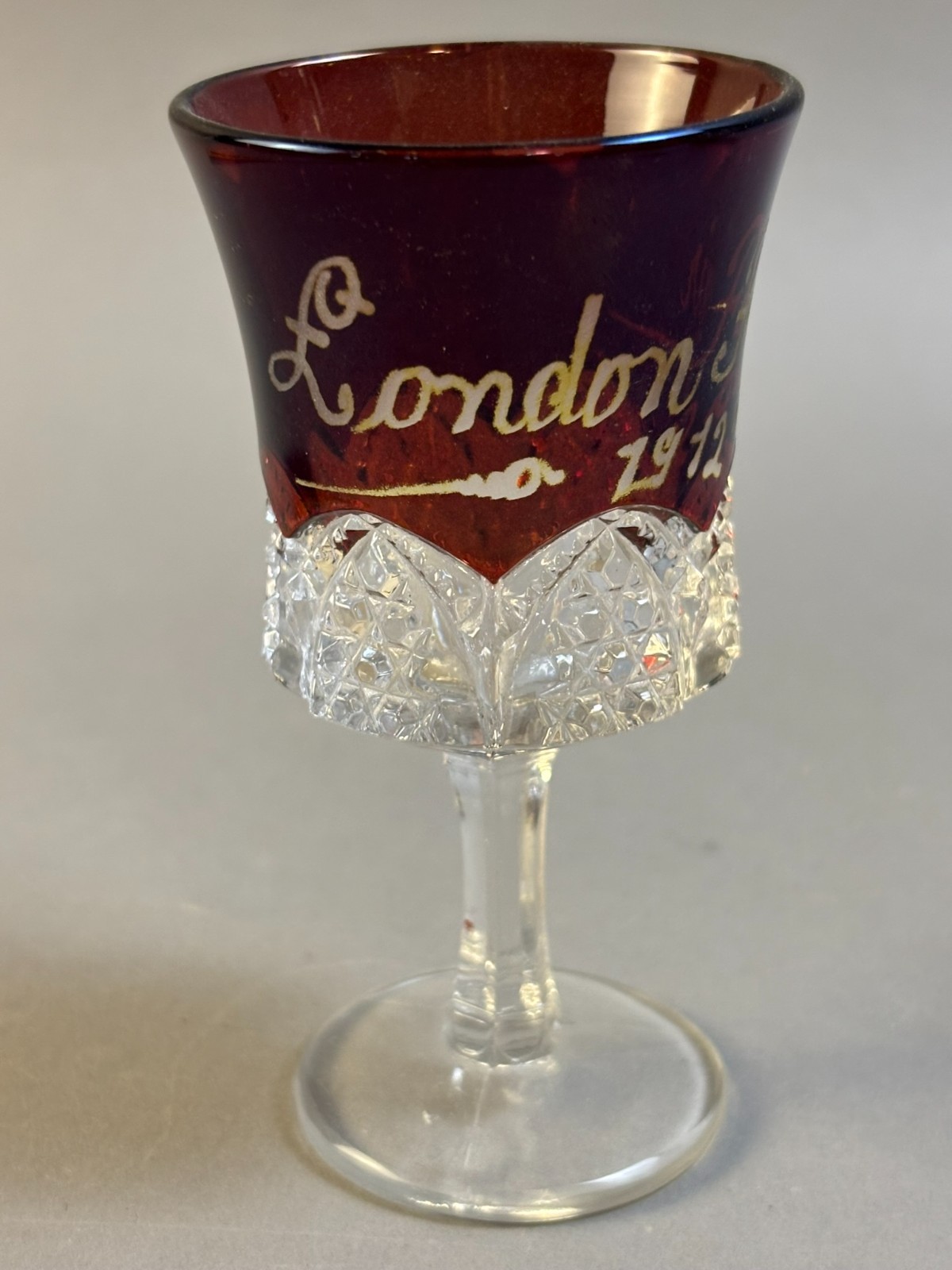 #404 Antique LONDON FAIR 1912 Michigan Ruby Red Flash Souvenir Glass GOBLET