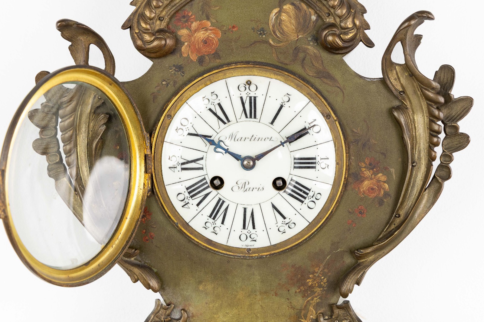 Antique 19thc wall Vernis martin hand paint clock romantic floral decor louis XV