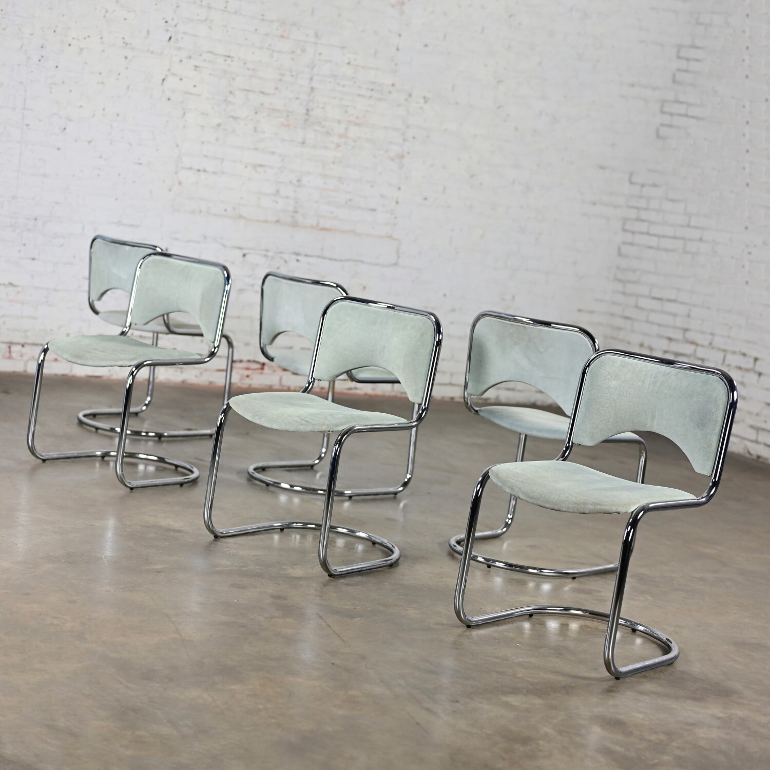 Modern Gray Suede & Chrome Frame Cantilever Dining or Side Chairs Set of 6