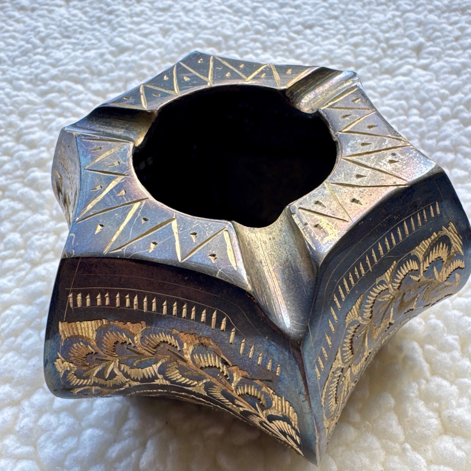 Hand-carved hexagonal brass ashtray