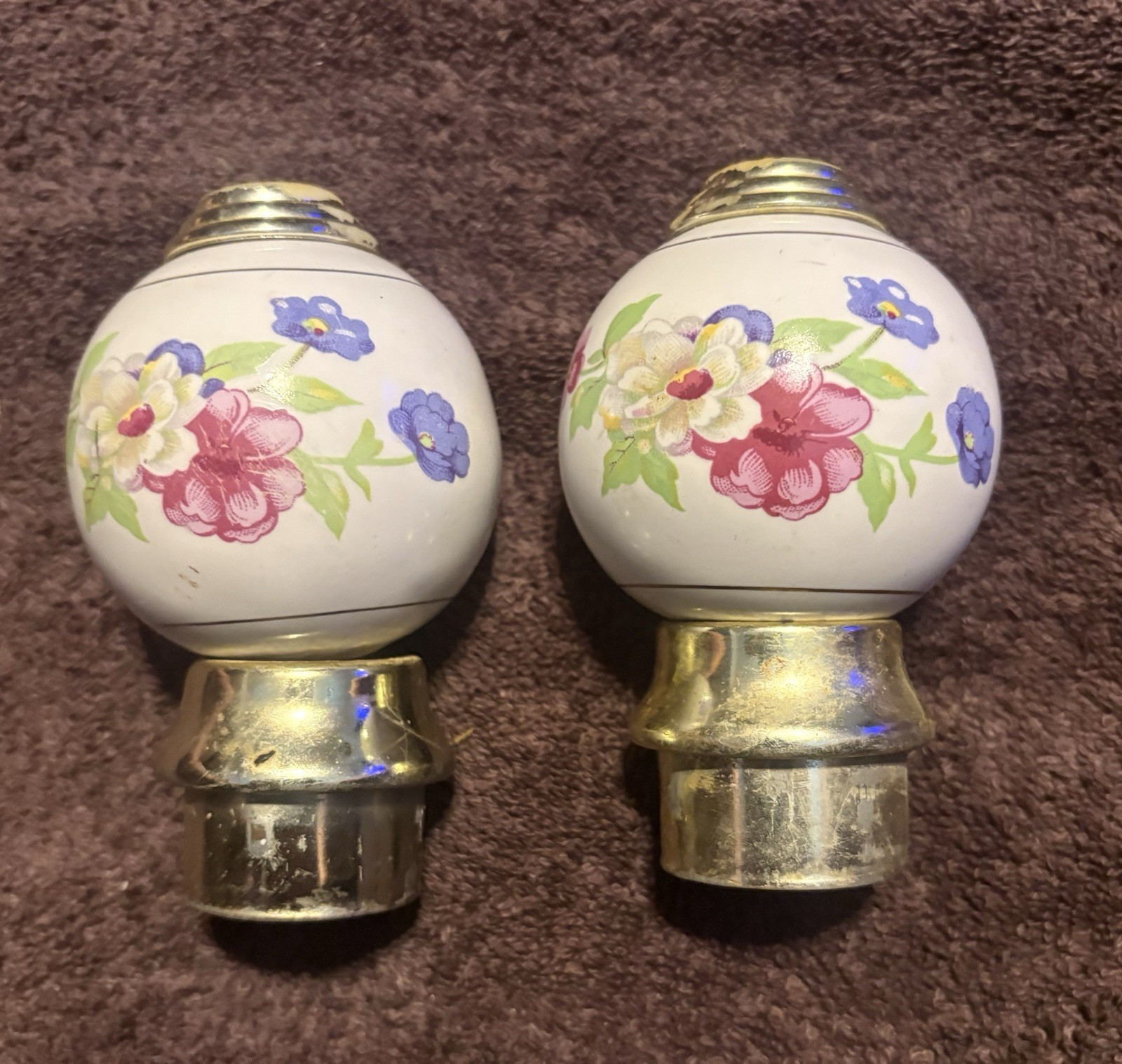 Vintage Porcelain & Brass Antique Floral Bed Post Handles Lot of 2 Pink Flowers