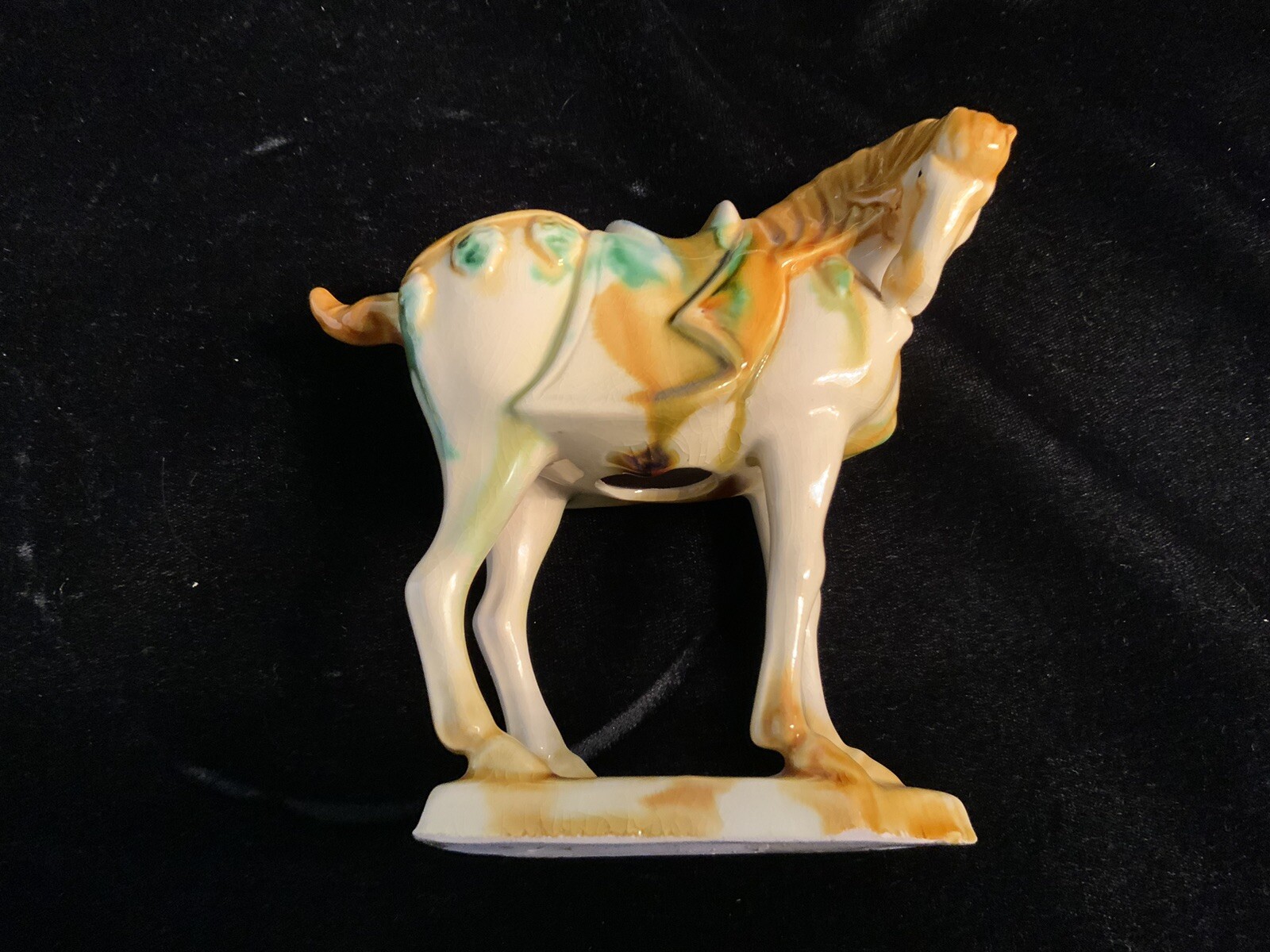 Chinese Tang Dynasty Drip Style Glaze Ceramic Horse Figurines Set of 3 Vintage