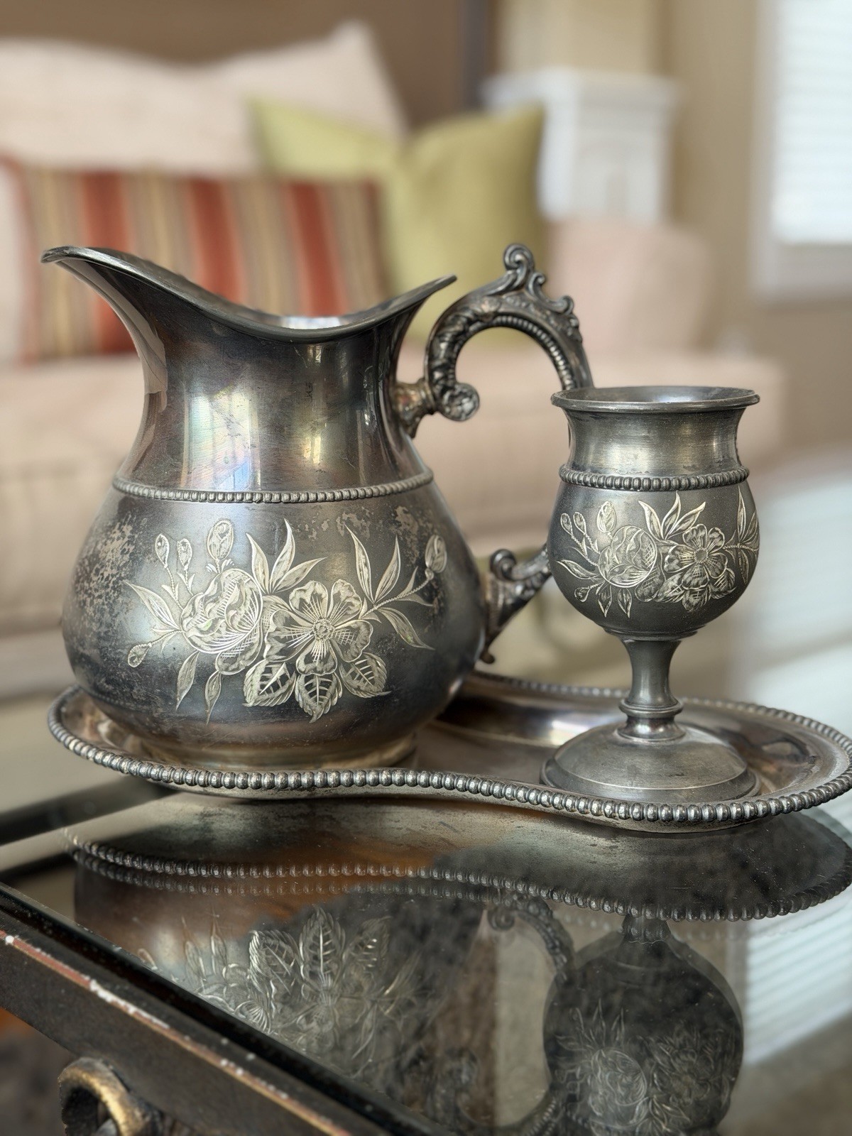 Victorian Aurora Silver Plate Co Pattern 142 3pc Pitcher Goblet Tray Floral Set