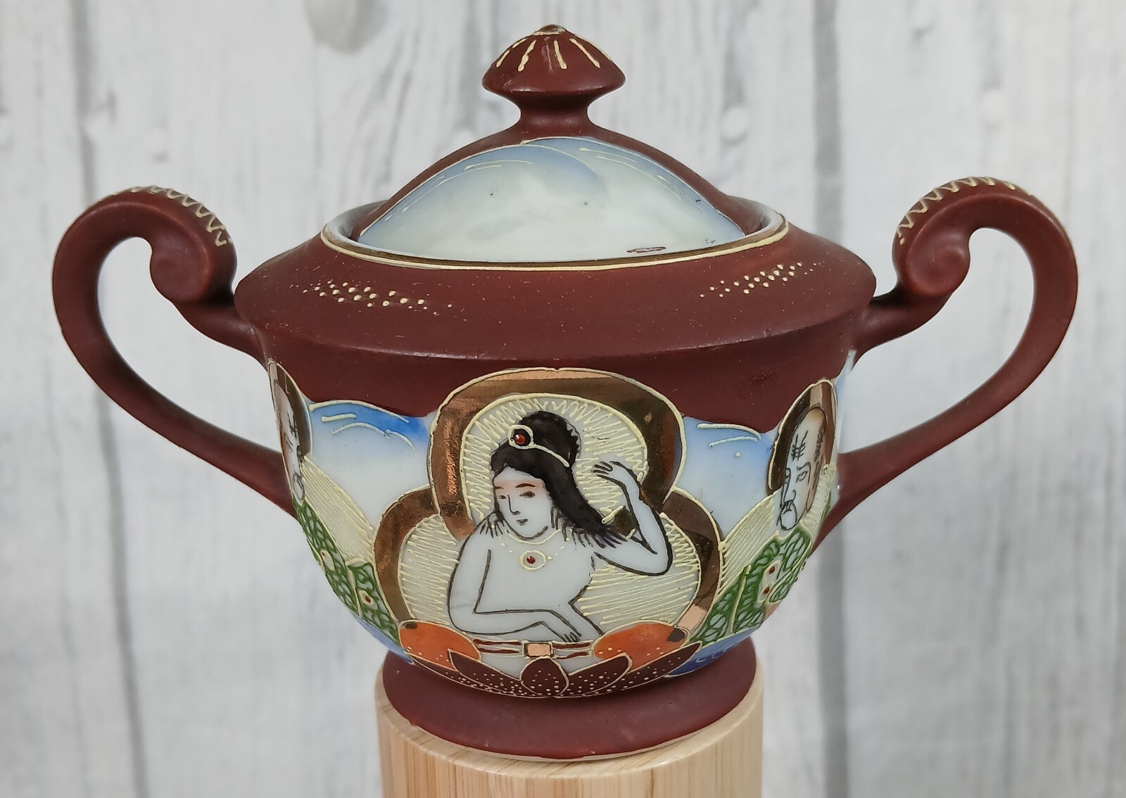 Japanese Satsuma Moriage Sugar Bowl – Immortals Lotus Occupied GEC Replacement