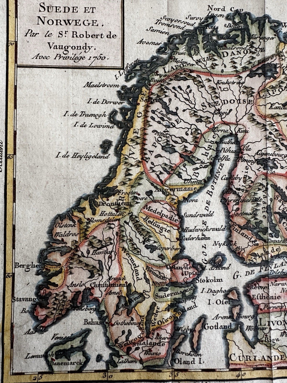 Norway & Sweden Finland 1750 Vaugondy engraved hand colored miniature map