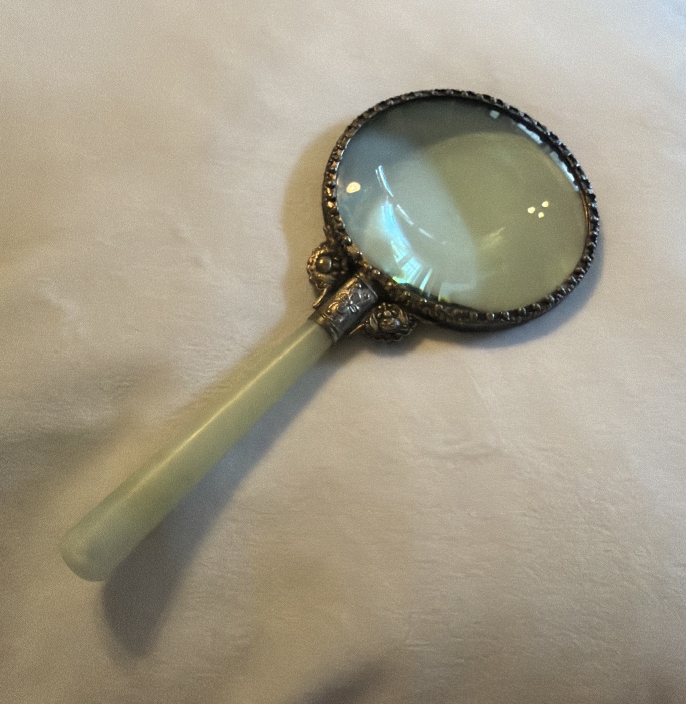 Antique 1900’s Jade Stone Handled & Vintage Magnifying Glass Movie Prop
