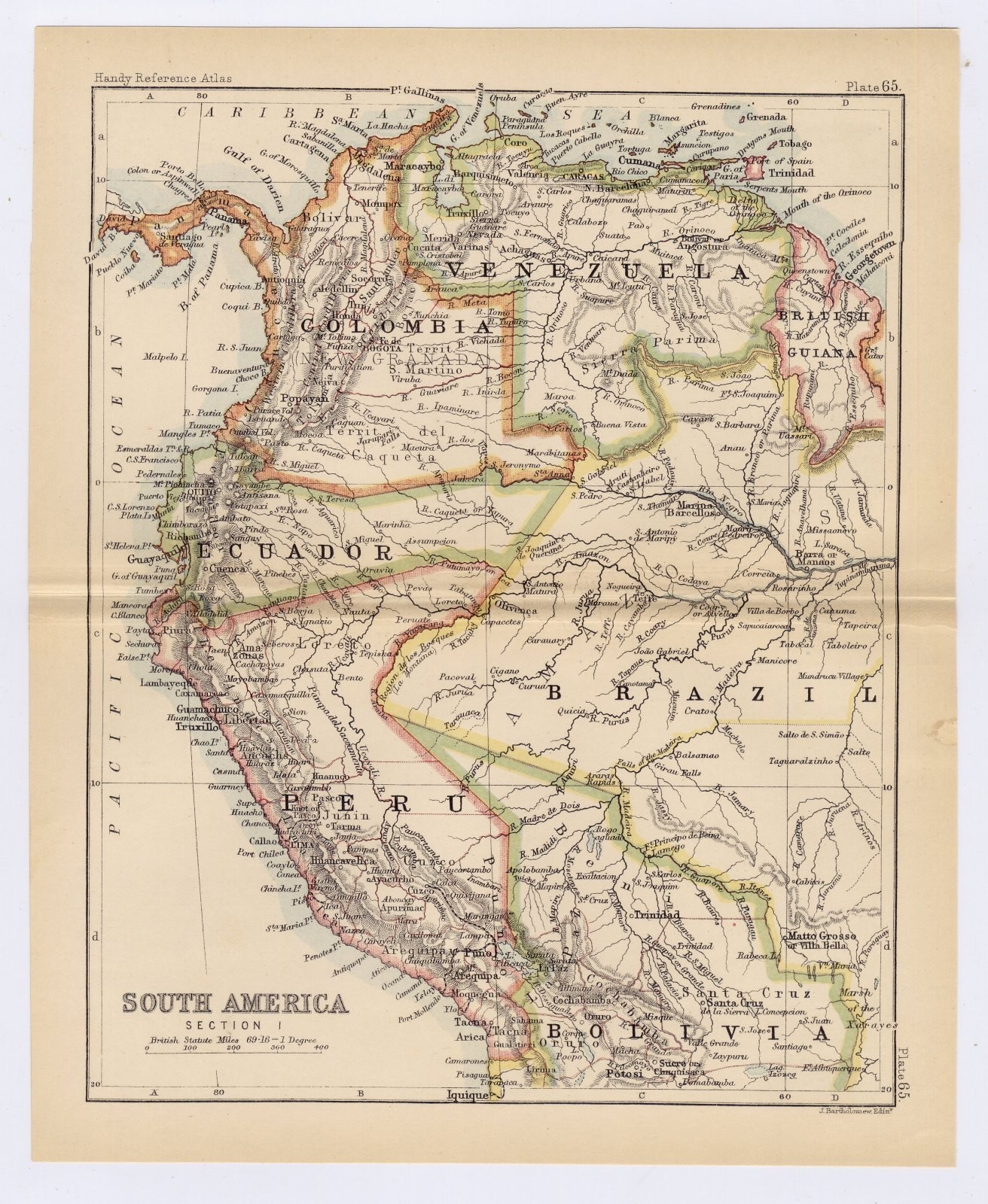 1888 ANTIQUE MAP OF COLOMBIA VENEZUELA PERU ECUADOR / SOUTH AMERICA