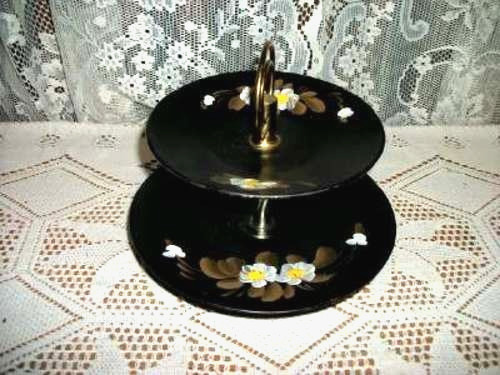 Cottagecore Two Tier Tole Tray HP Flowers Vintage Brass Chippy Americana 1950s