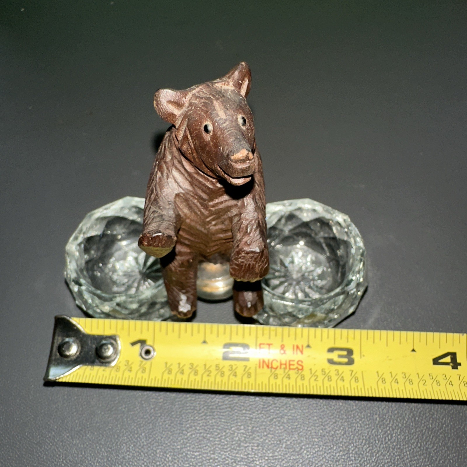 Antique Black Forest Detailed Carved Wood Bear Bead Eyes Salt Cellar