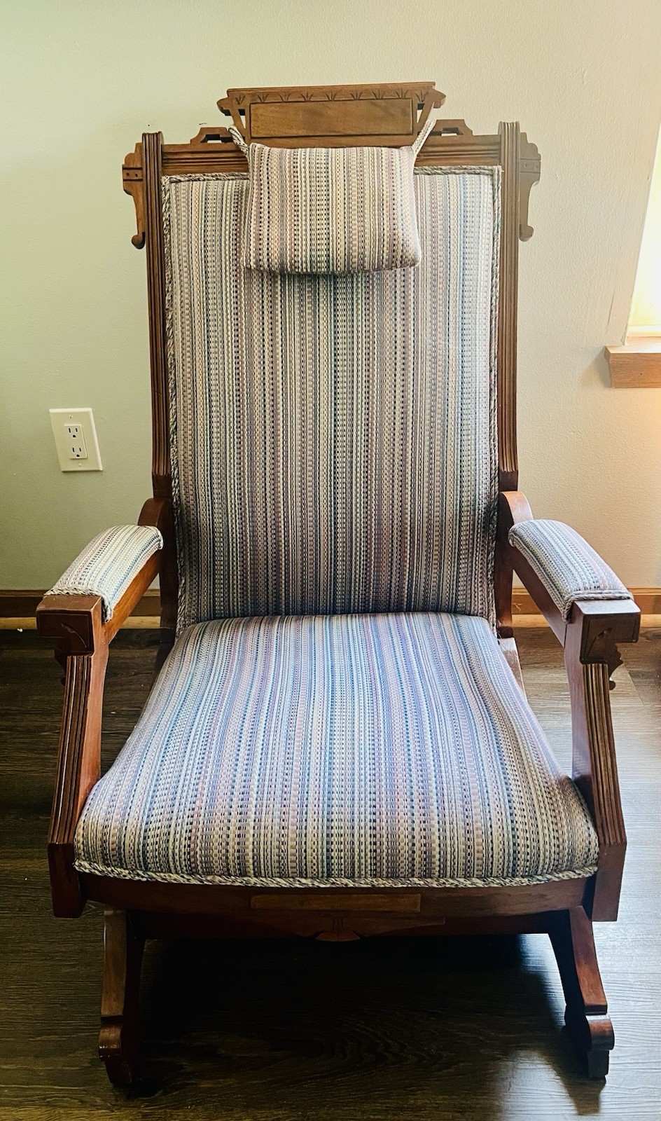 Antique Eastlake Victorian Carved Walnut Platform Rocker Rocking Chair Fabric