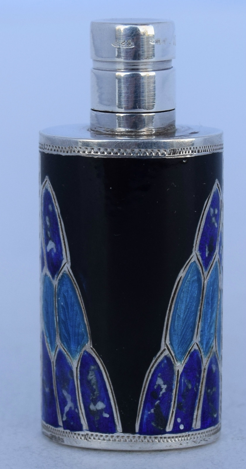 Vintage Sterling Silver Flask PERFUME Bottle Black & Blue Enamel made in Italy