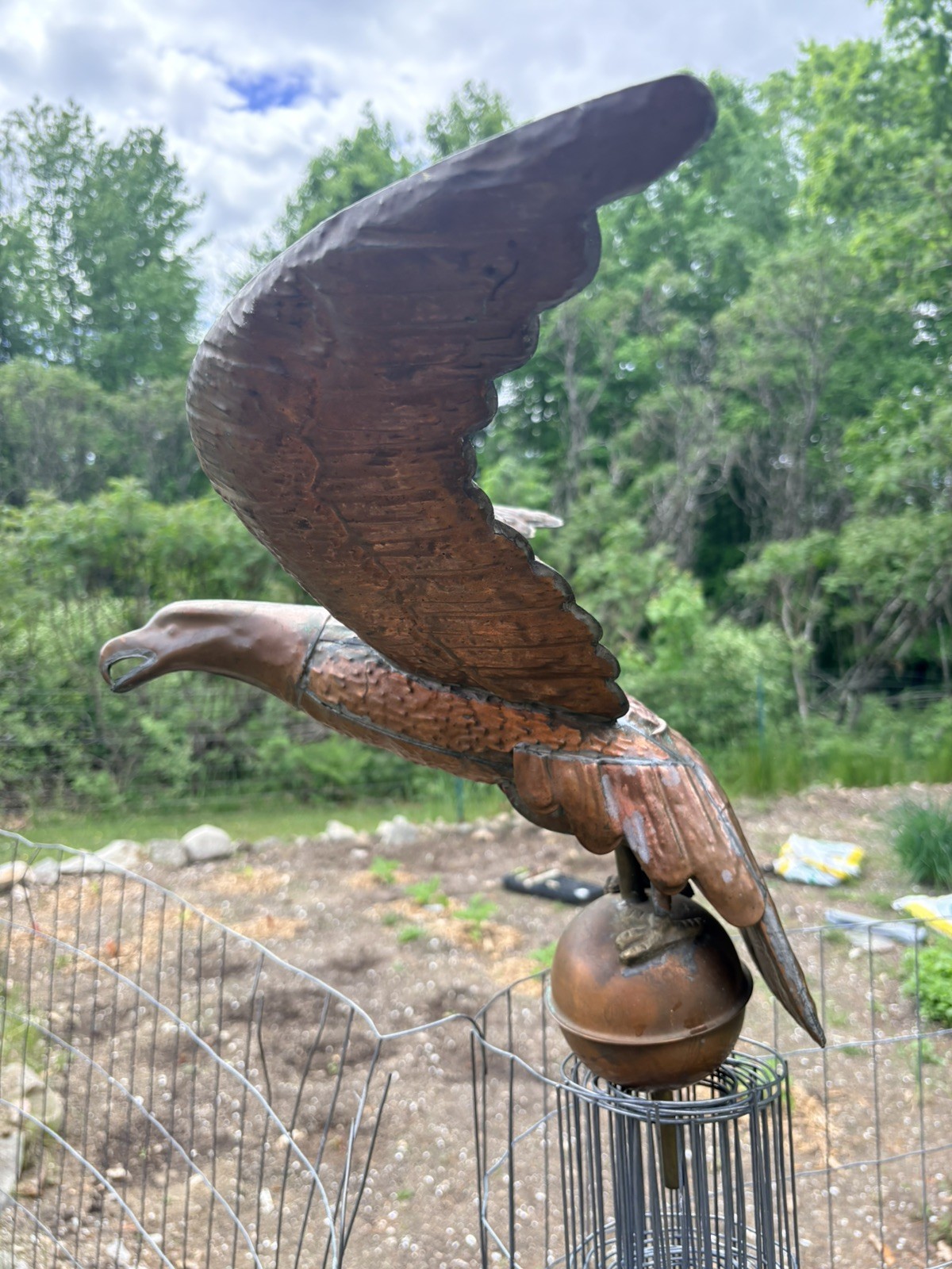 Antique Copper Eagle Weathervane with Orb, Repoussé, ~24” Wingspan, 19th-20th C.