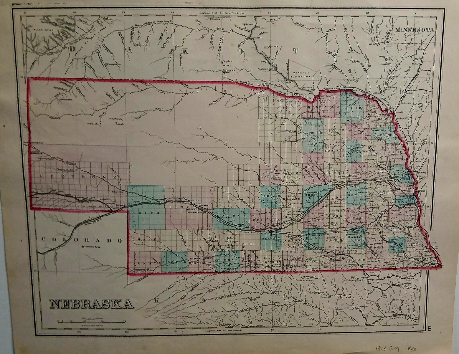 1873 O. W. Gray & Sons “Nebraska” (Original Antique Map, with Hand Color)